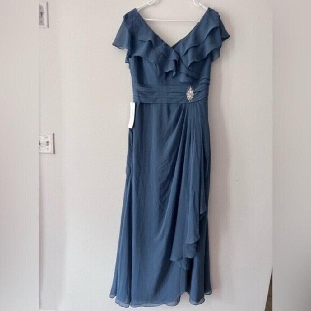 AZAZIE maxi dress A-Line Ruched Chiffon Floor-Length Dress Dusty Blue Size 10 - Picture 6 of 14
